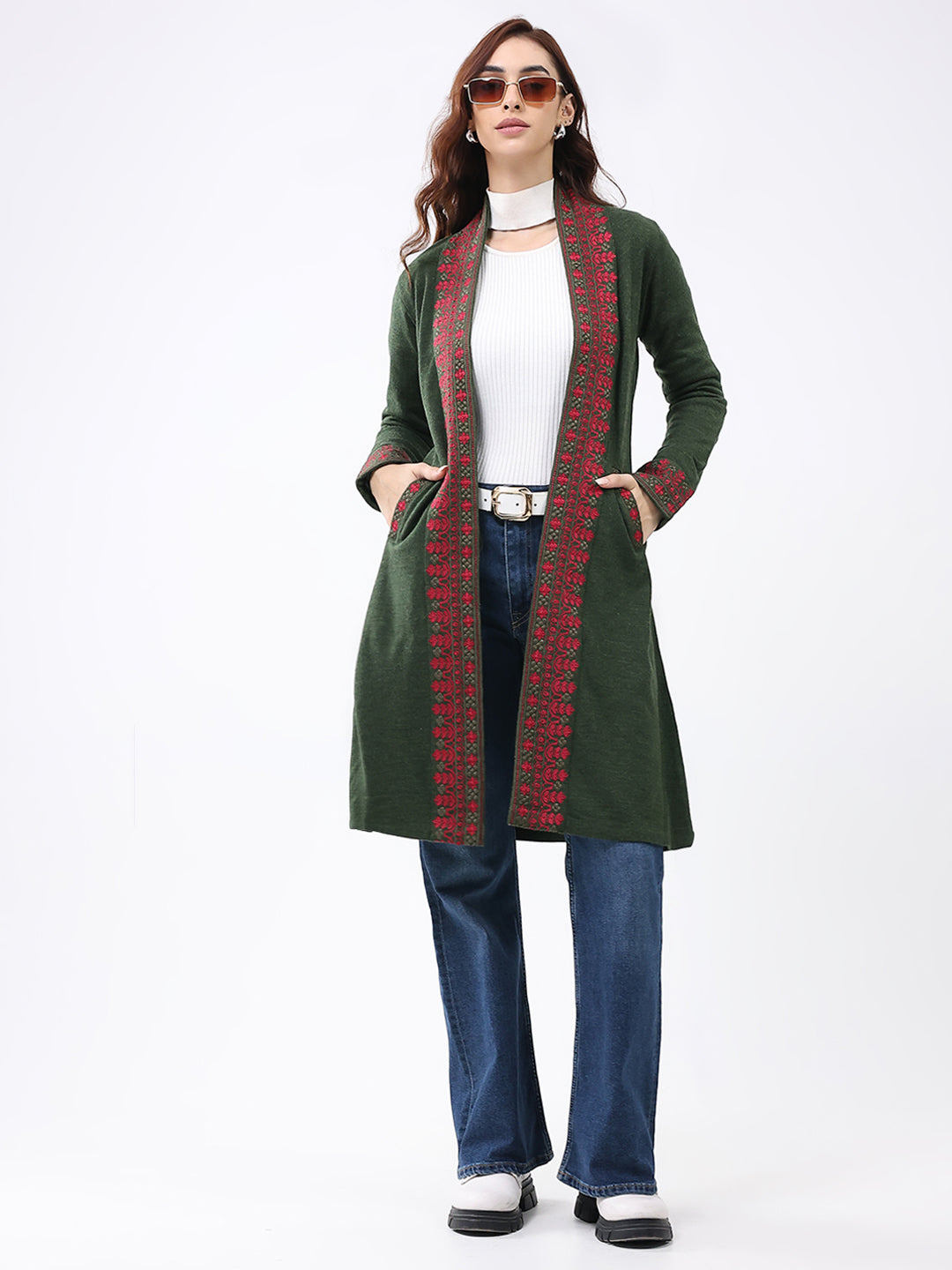 Women Olive Self Design Collar Full Sleeve Cardigan