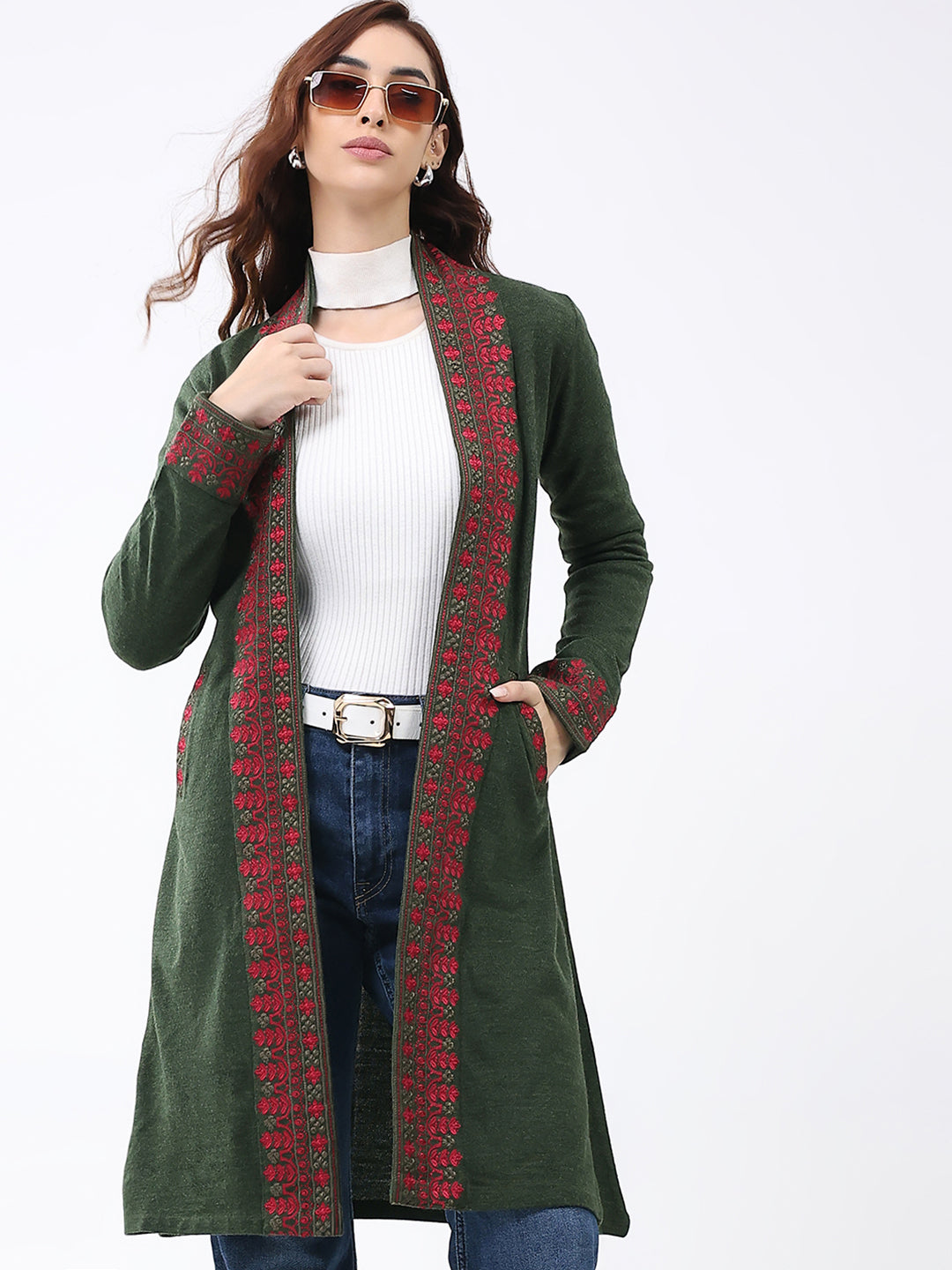 Women Olive Self Design Collar Full Sleeve Cardigan