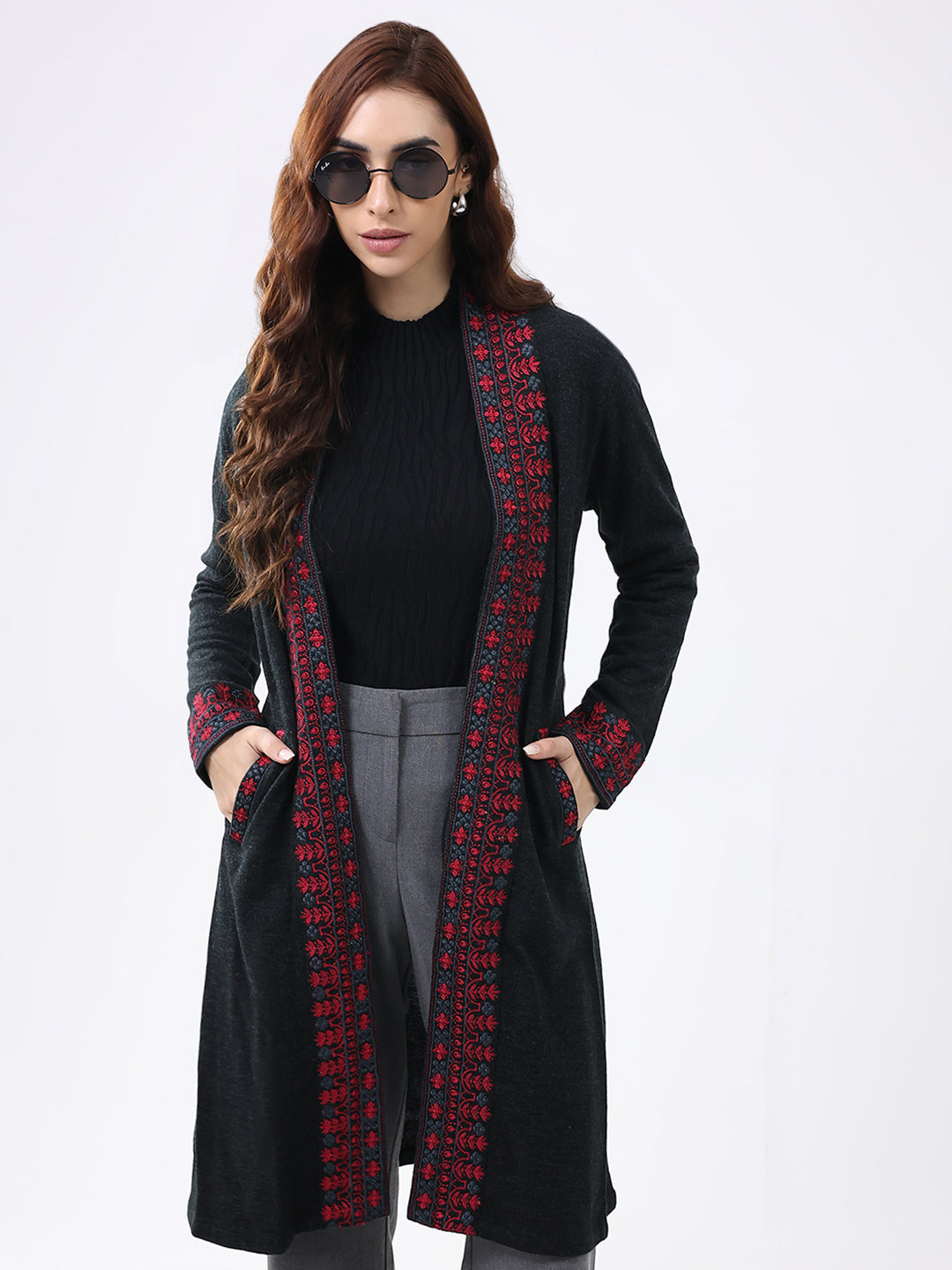 Women Black Self Design Collar Full Sleeve Cardigan