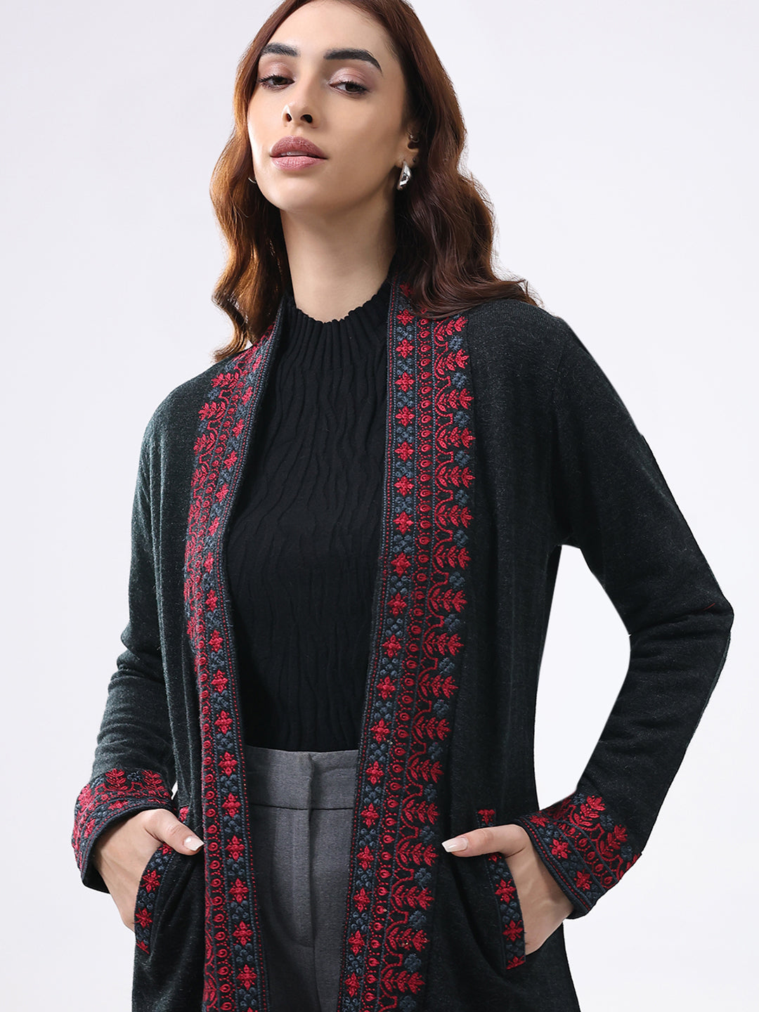 Women Black Self Design Collar Full Sleeve Cardigan
