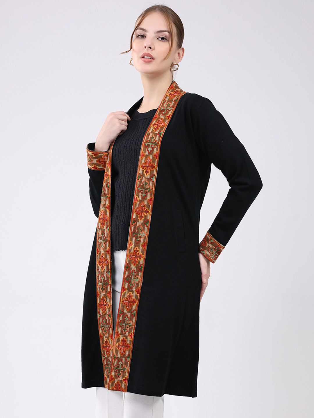 Women Black Self Design Collar Full Sleeve Cardigan