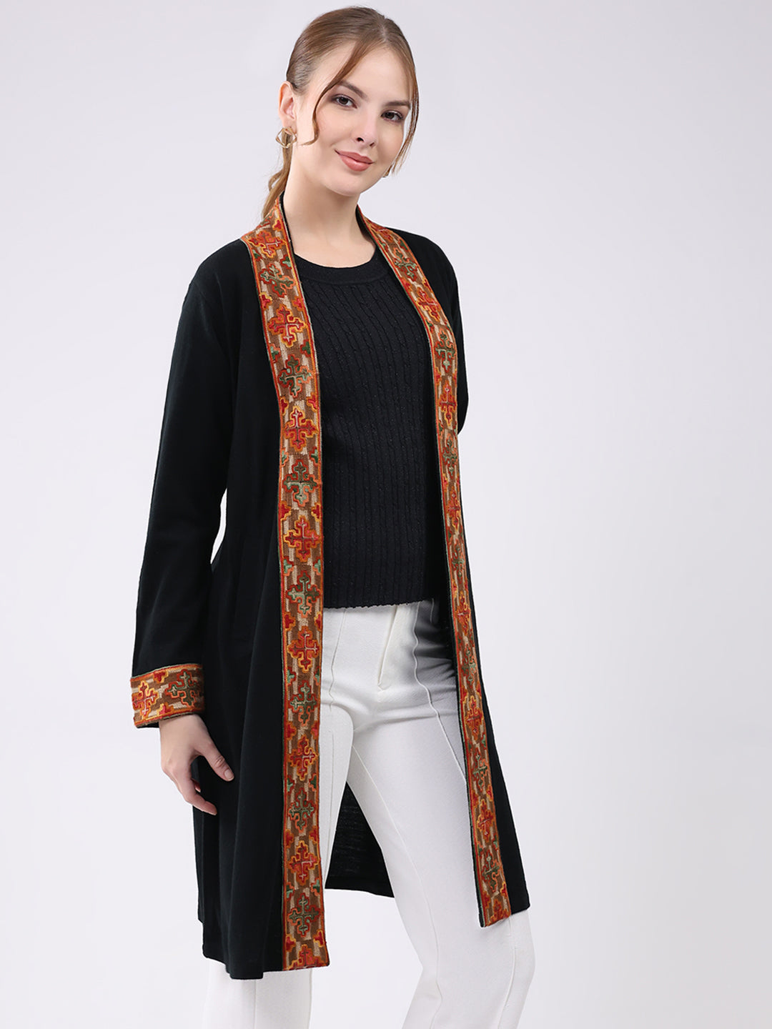 Women Black Self Design Collar Full Sleeve Cardigan