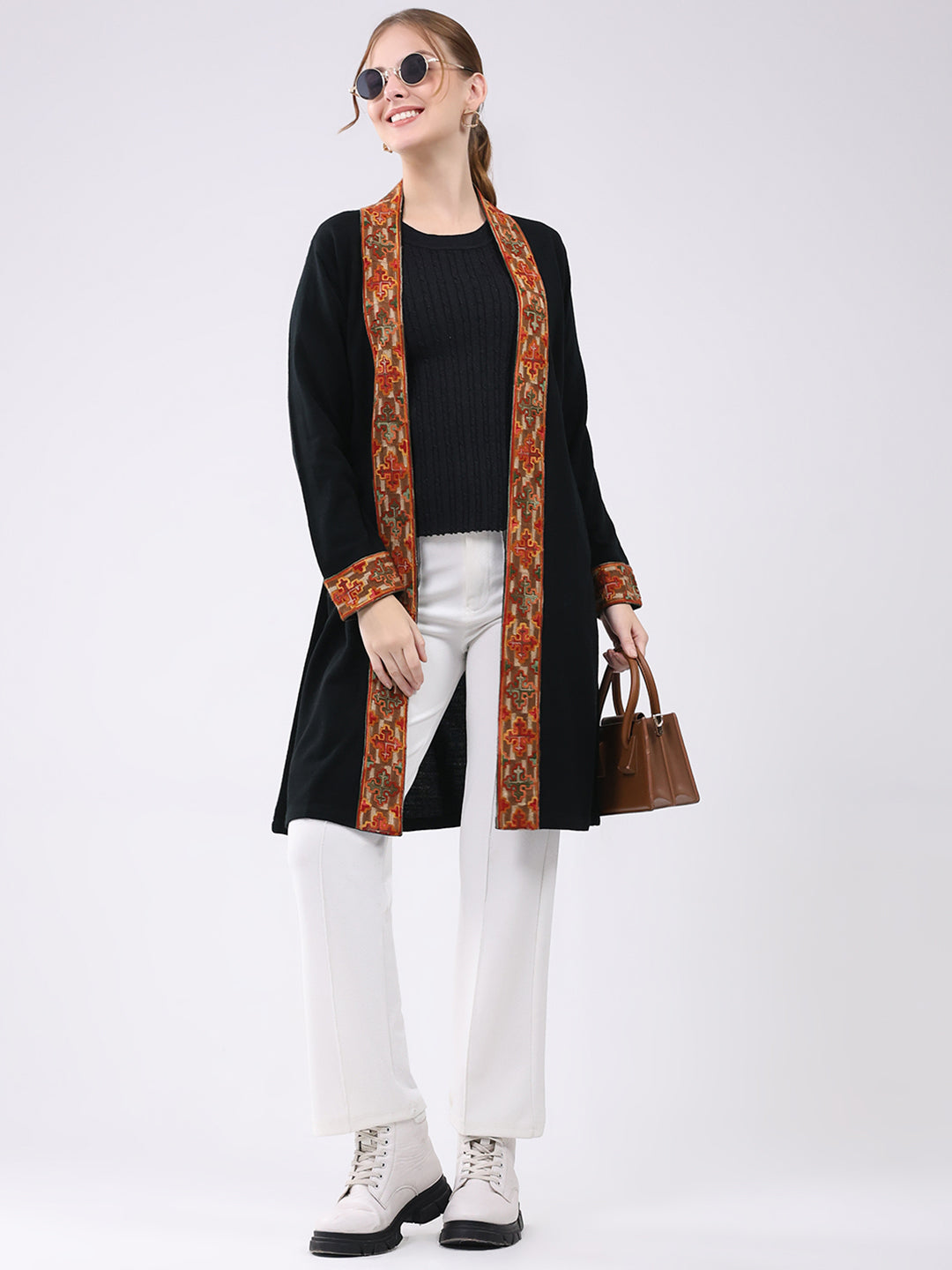 Women Black Self Design Collar Full Sleeve Cardigan