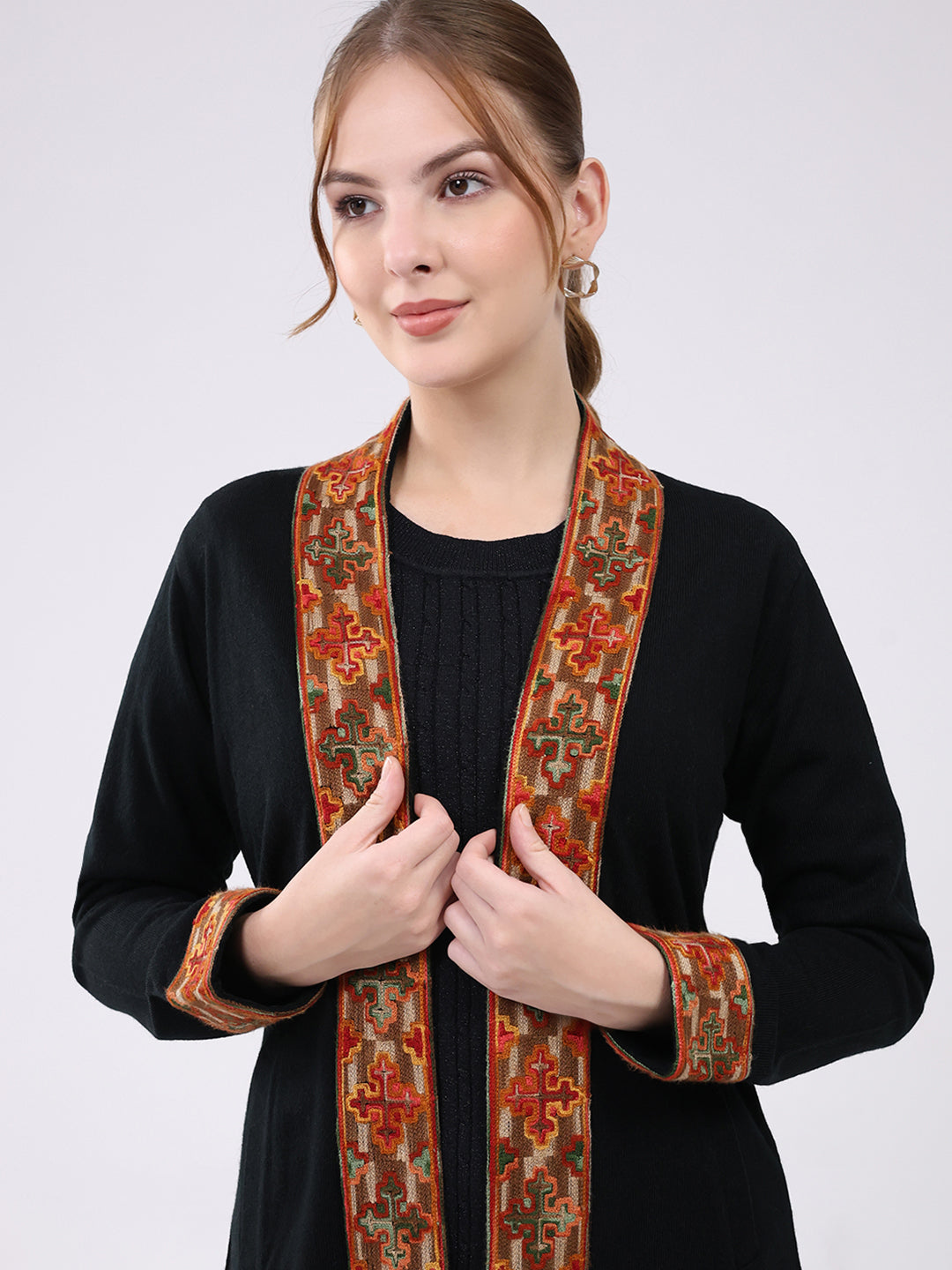 Women Black Self Design Collar Full Sleeve Cardigan