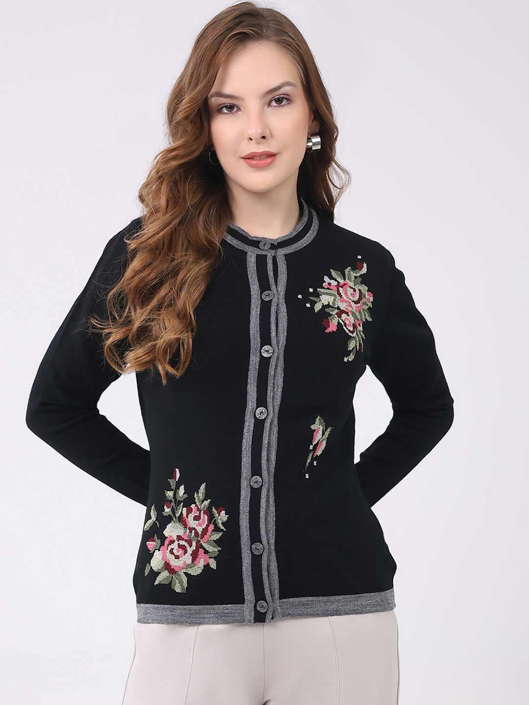 Women Black Self Design Round Neck Full Sleeve Cardigan