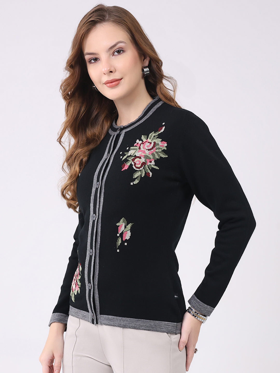 Women Black Self Design Round Neck Full Sleeve Cardigan