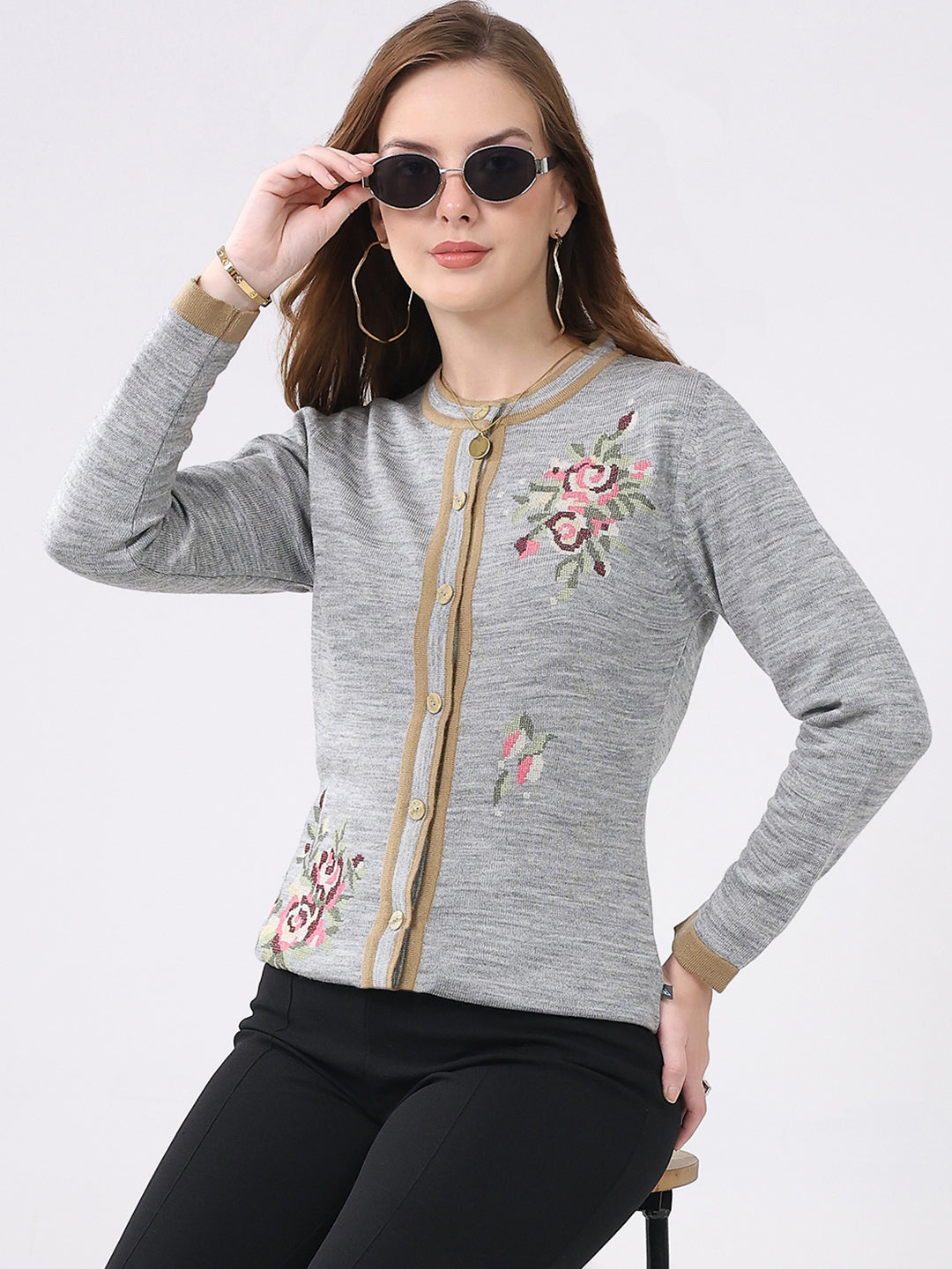 Women Grey Self Design Round Neck Full Sleeve Cardigan