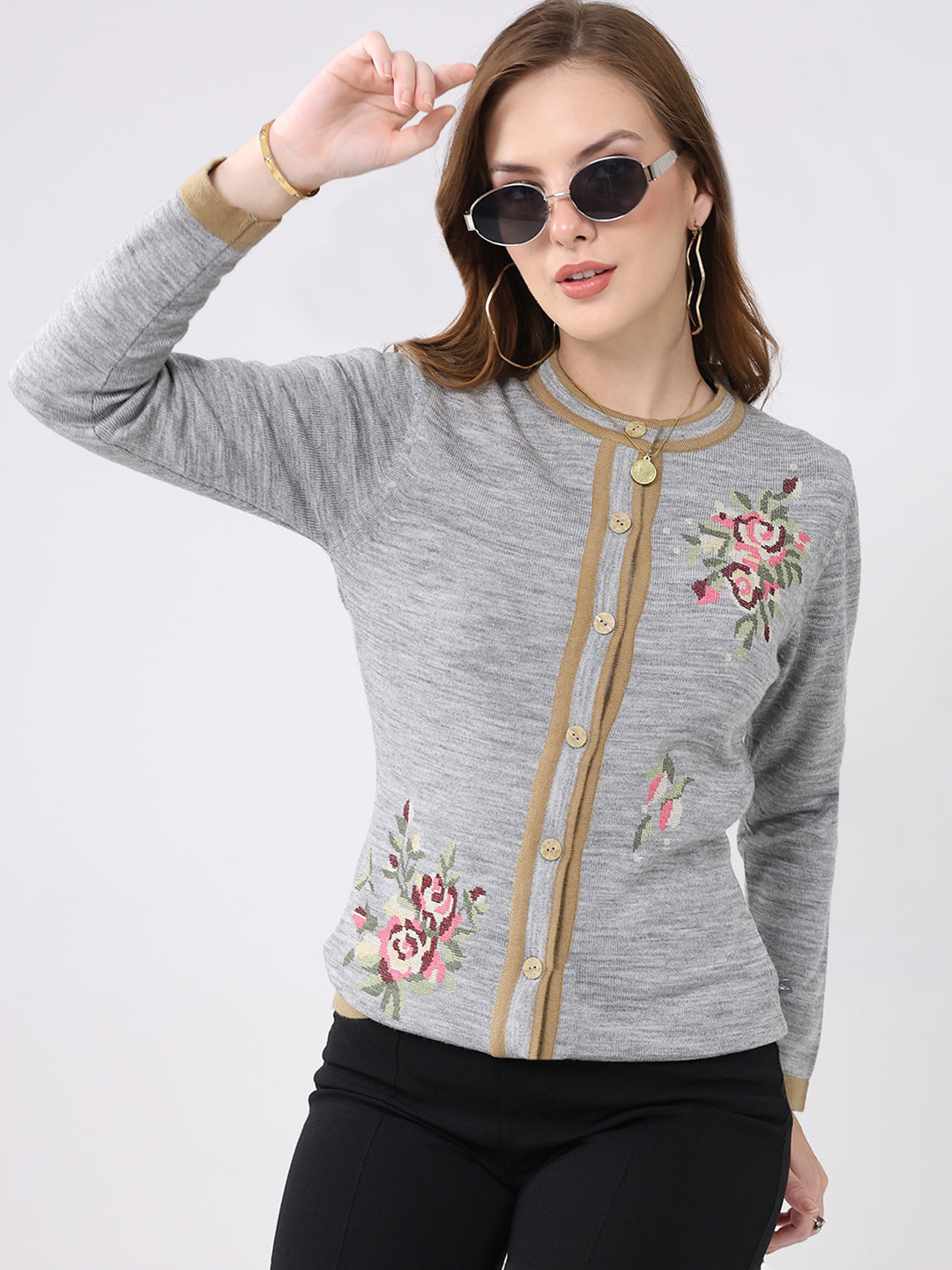 Women Grey Self Design Round Neck Full Sleeve Cardigan
