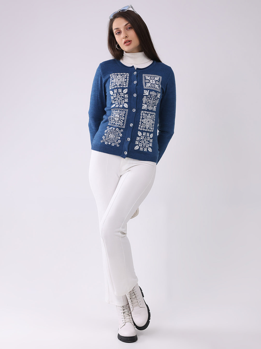 Women Blue Self Design Round Neck Full Sleeve Cardigan
