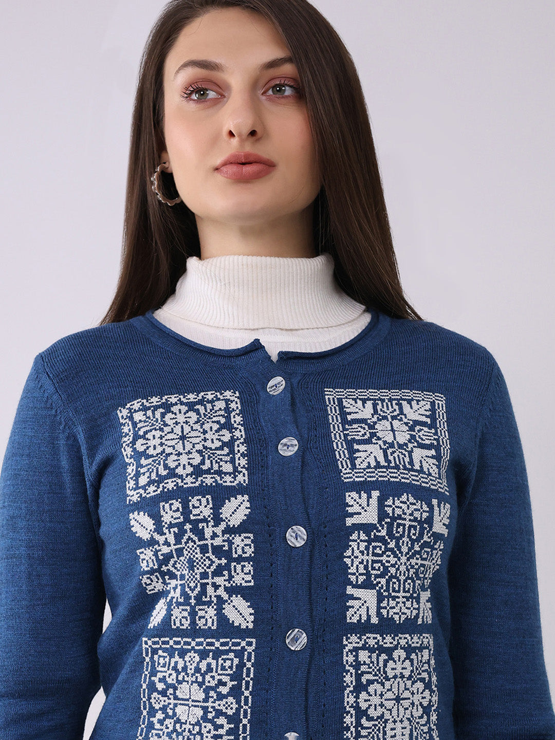 Women Blue Self Design Round Neck Full Sleeve Cardigan