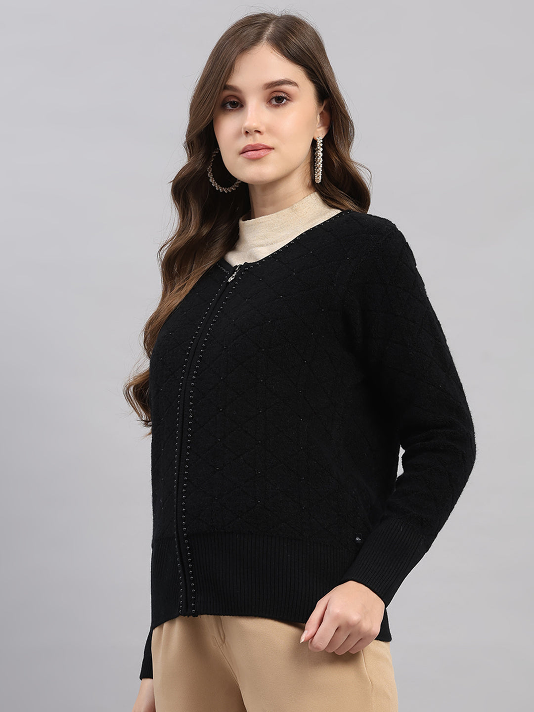 Women Black Self Design Round Neck Full Sleeve Cardigan