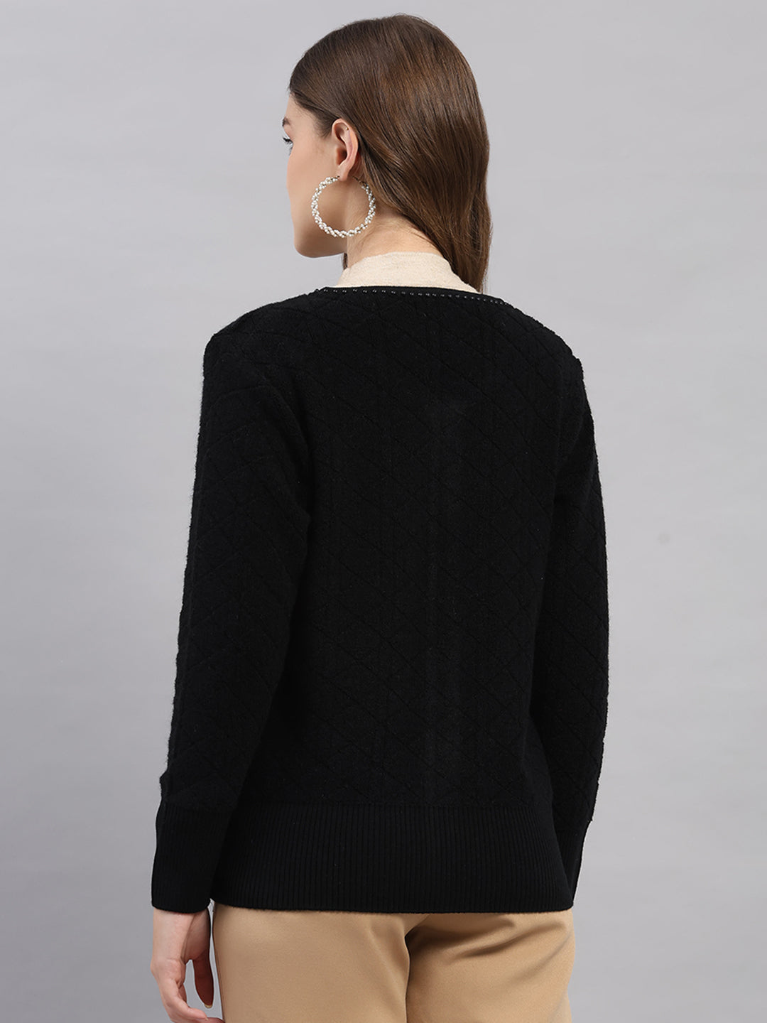 Women Black Self Design Round Neck Full Sleeve Cardigan
