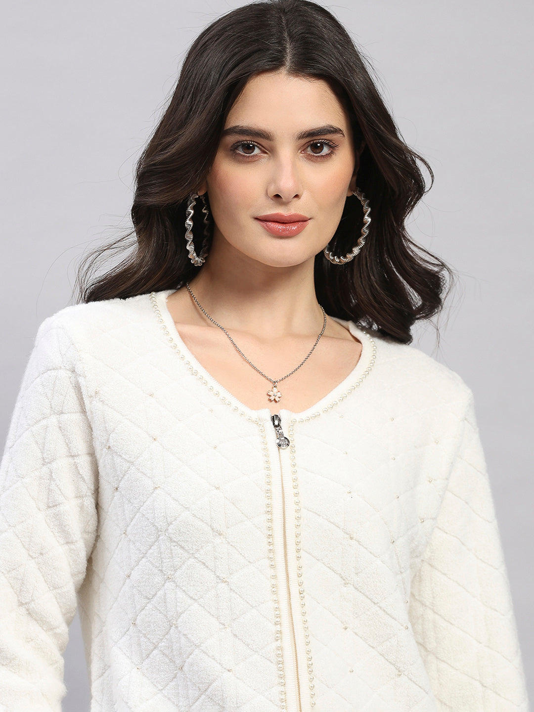Women Off White Self Design Turtle Neck Full Sleeve Cardigan
