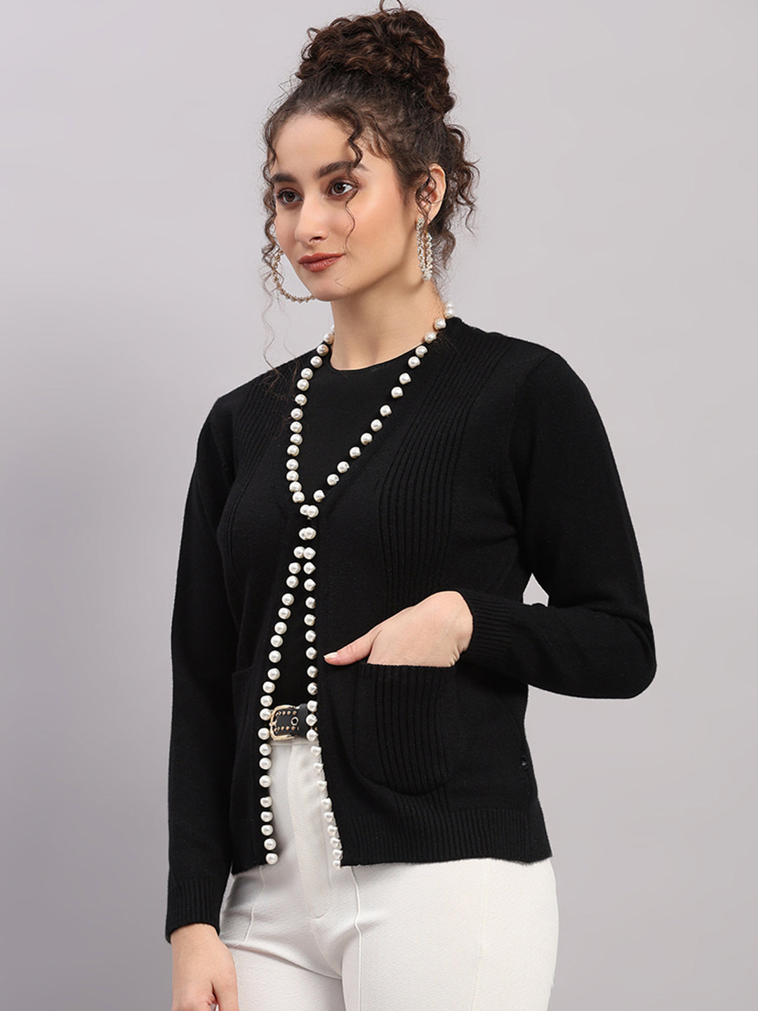 Women Black Self Design V Neck Full Sleeve Cardigan