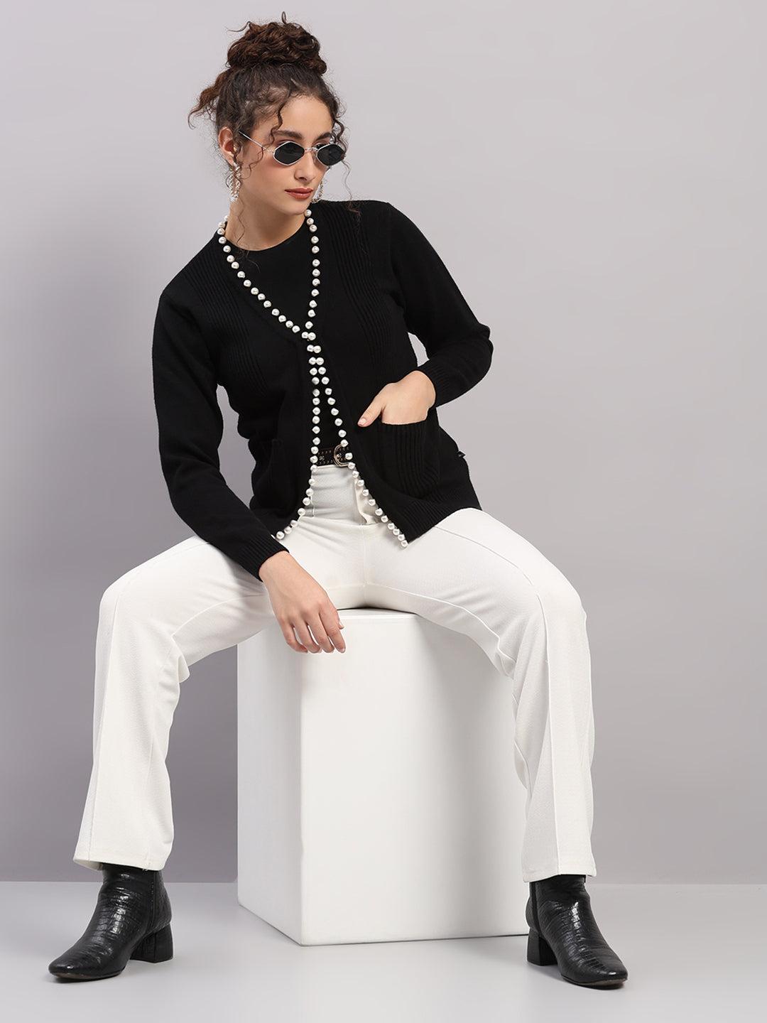 Women Black Self Design V Neck Full Sleeve Cardigan