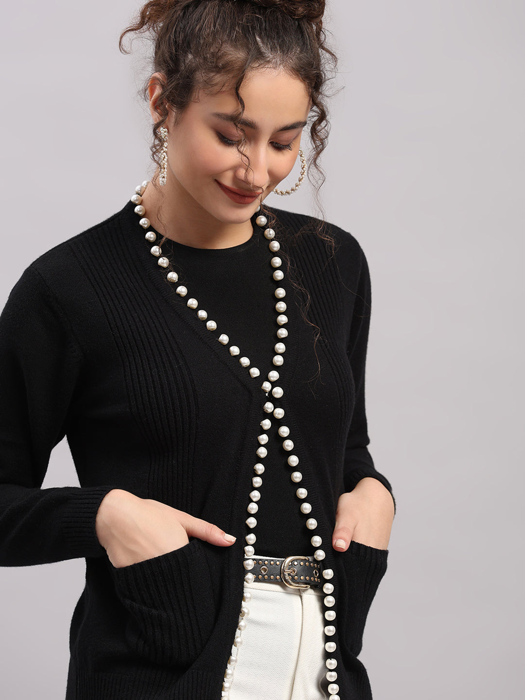 Women Black Self Design V Neck Full Sleeve Cardigan
