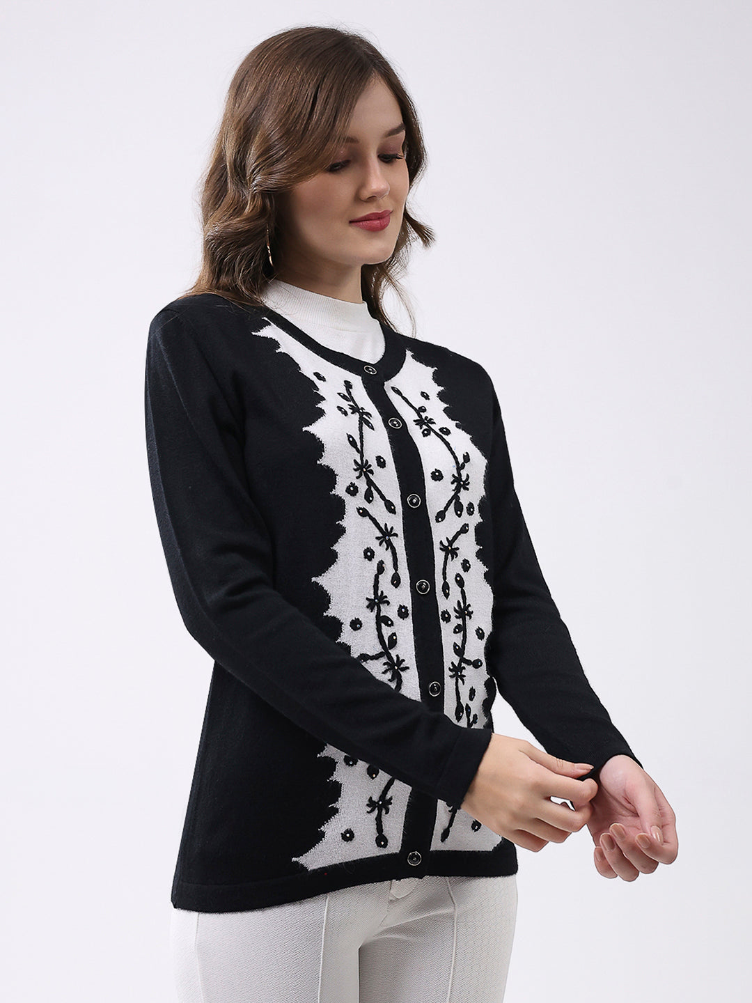 Women Black Self Design Round Neck Full Sleeve Cardigan