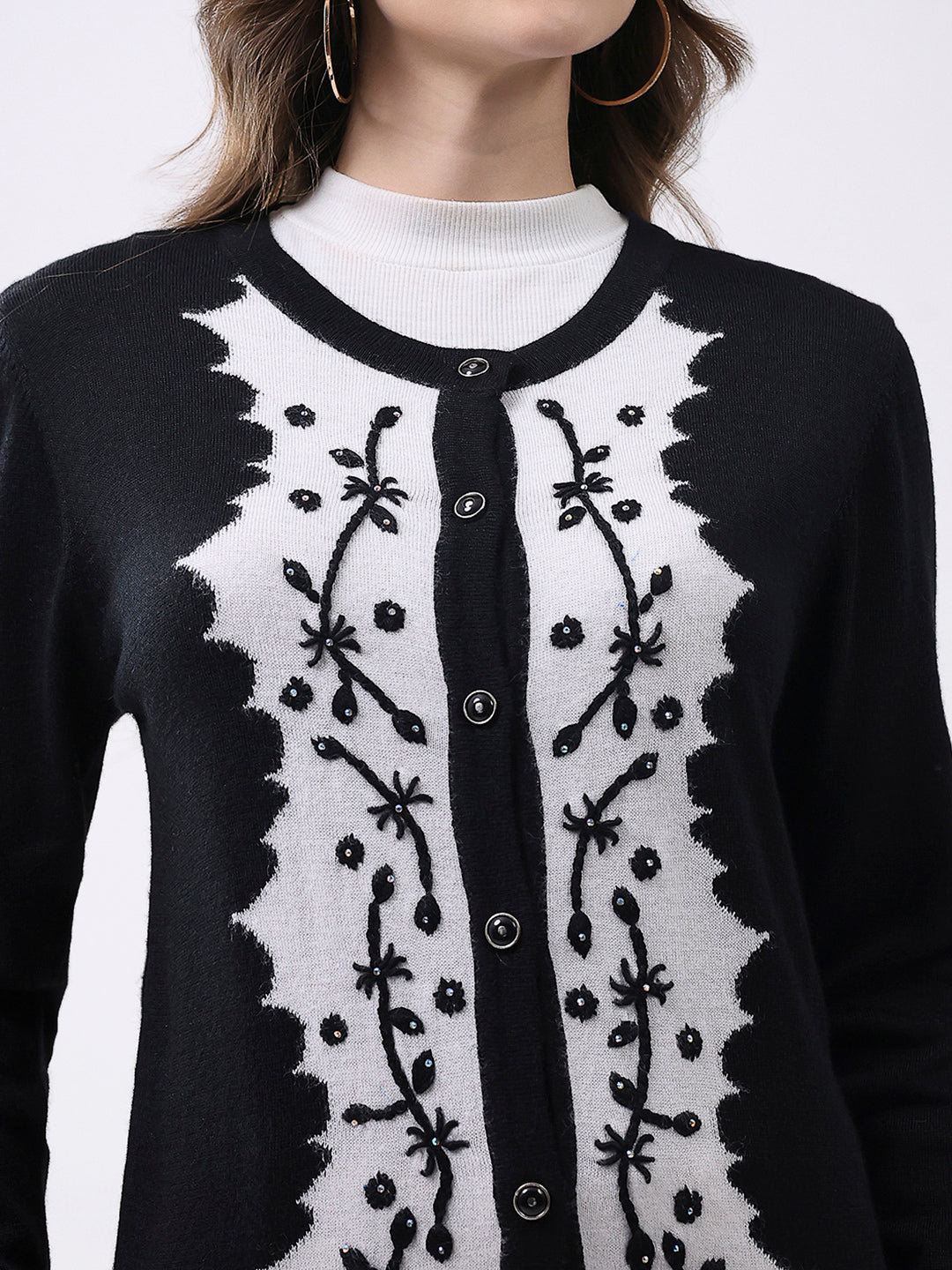 Women Black Self Design Round Neck Full Sleeve Cardigan
