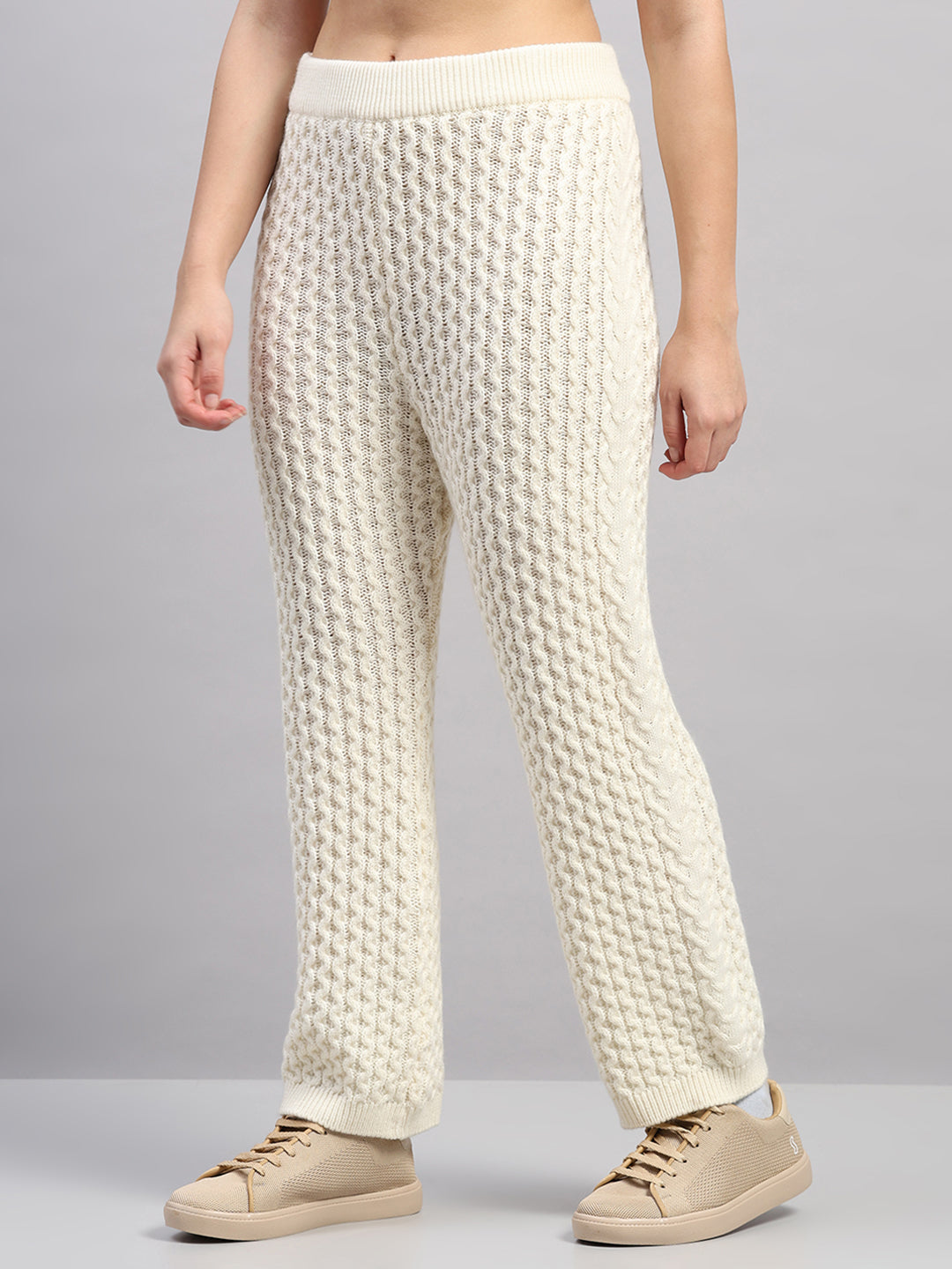 Women Off White Jaquard Round Neck Full Sleeve Cords Set