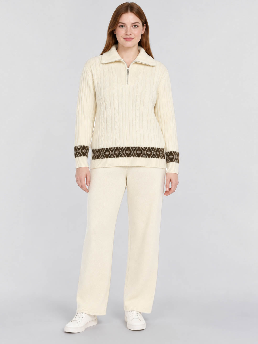 Women White Jacquard Round Neck Full Sleeve Cords Set