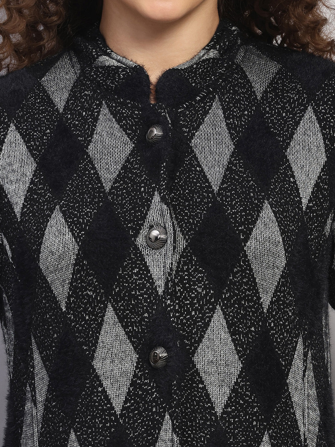 Women Black Printed Round Neck Full Sleeve Knitted Coat