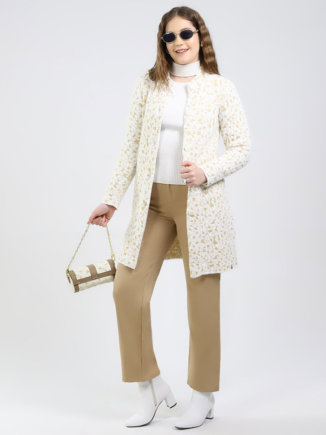 Women White Printed Round Neck Full Sleeve Knitted Coat