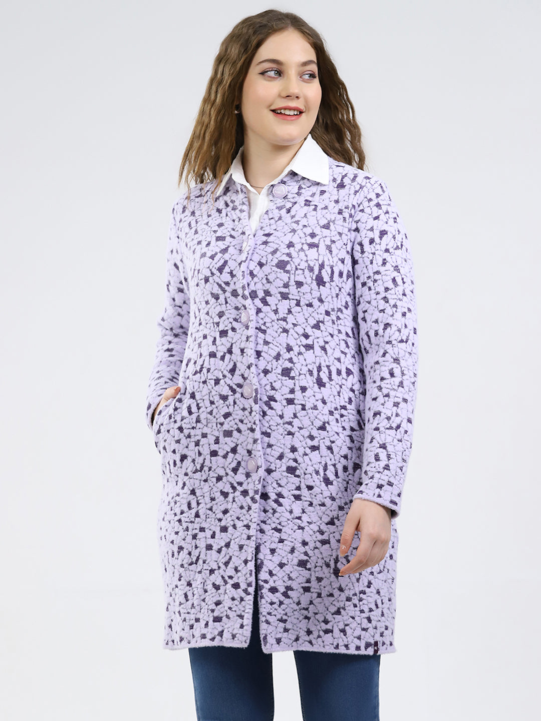 Women Purple Printed Round Neck Full Sleeve Knitted Coat