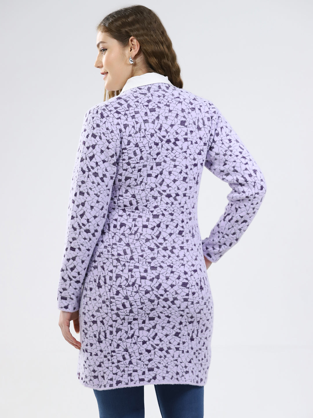 Women Purple Printed Round Neck Full Sleeve Knitted Coat