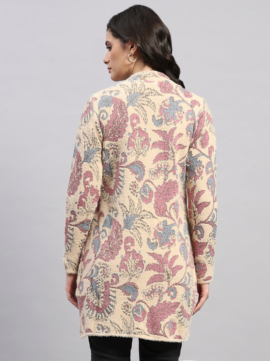 Women Pink Self Design Round Neck Full Sleeve Knitted Coat