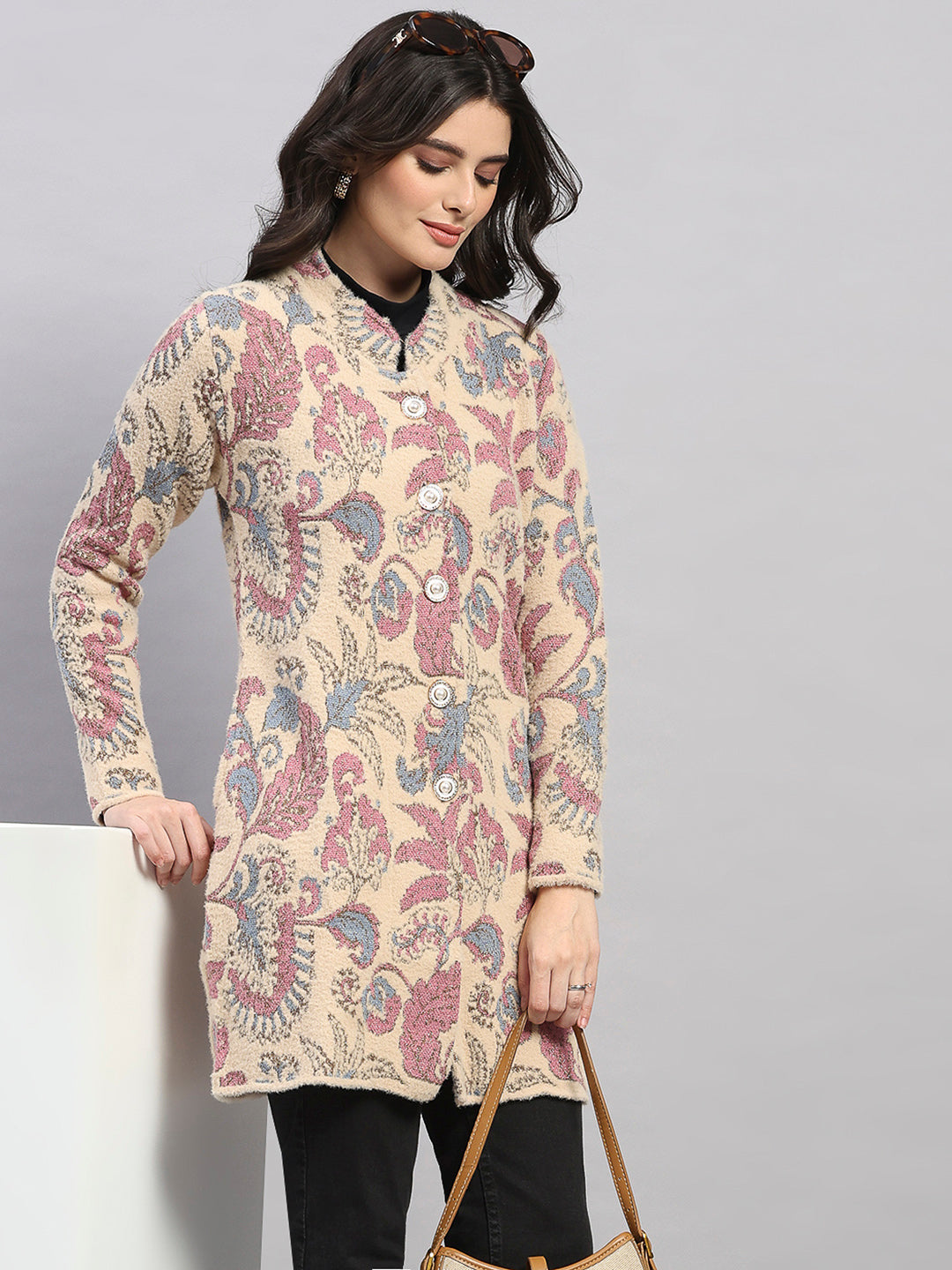 Women Pink Self Design Round Neck Full Sleeve Knitted Coat