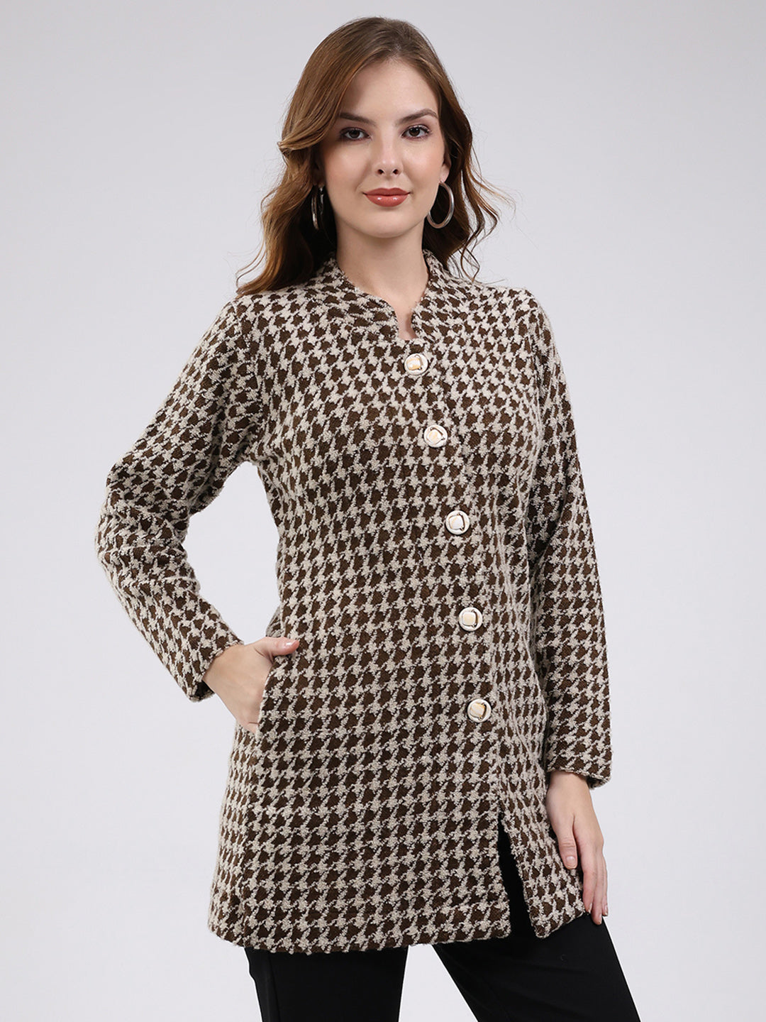 Women Brown Self Design Round Neck Full Sleeve Knitted Coat