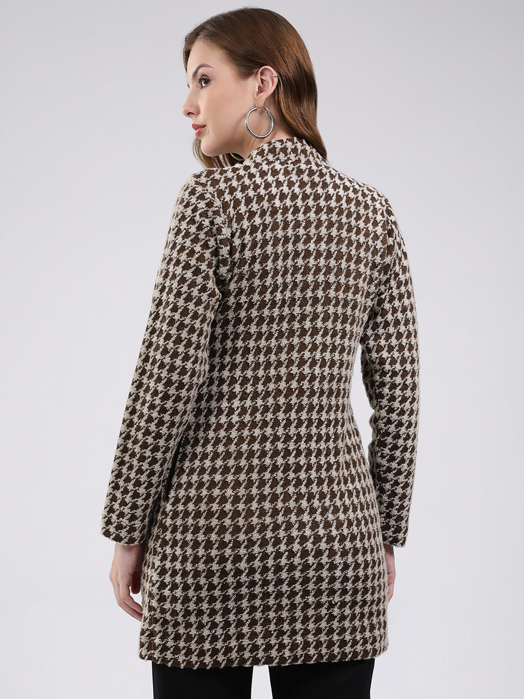 Women Brown Self Design Round Neck Full Sleeve Knitted Coat