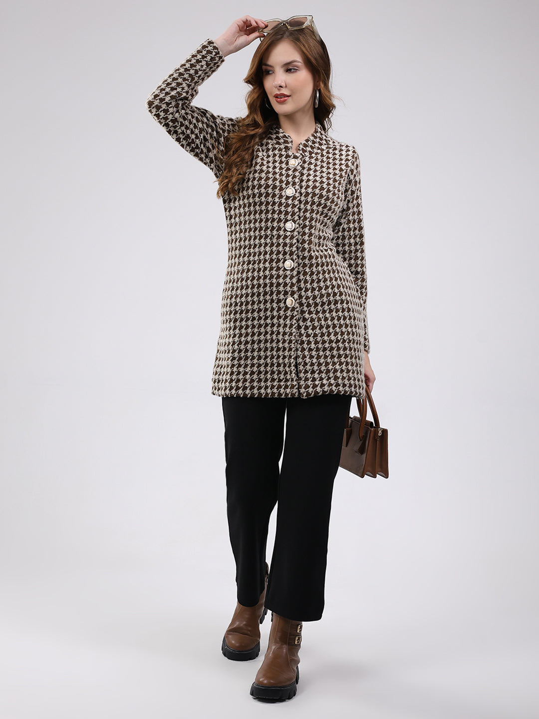 Women Brown Self Design Round Neck Full Sleeve Knitted Coat