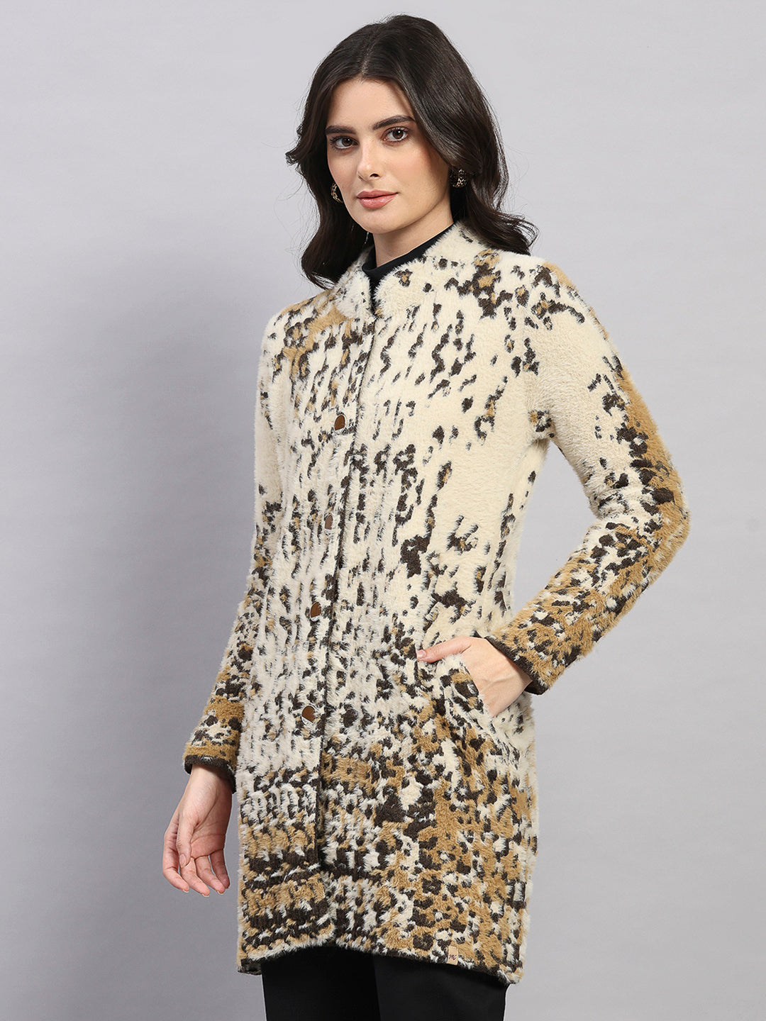 Women Multicolor Self Design Round Neck Full Sleeve Knitted Coat