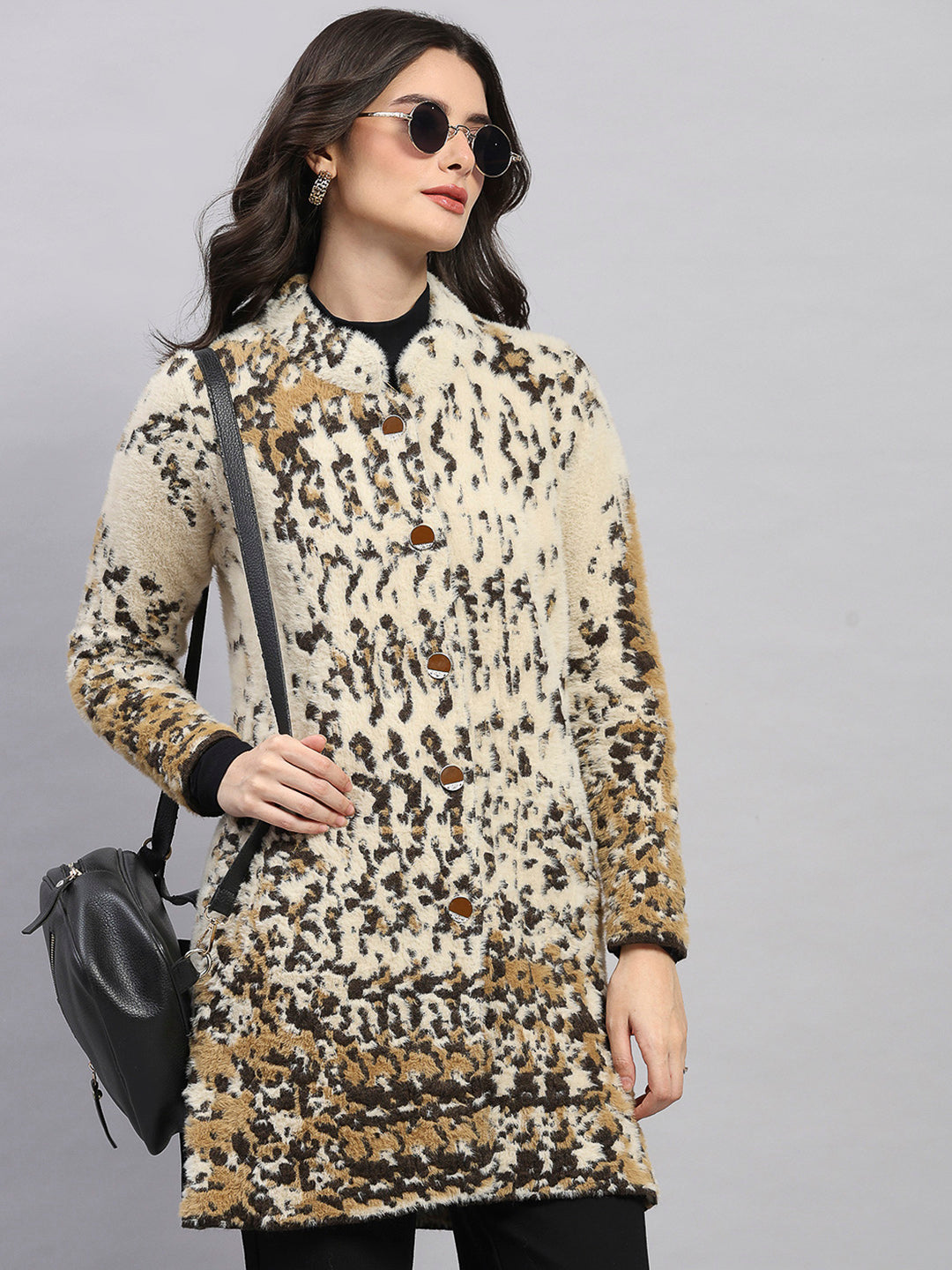 Women Multicolor Self Design Round Neck Full Sleeve Knitted Coat