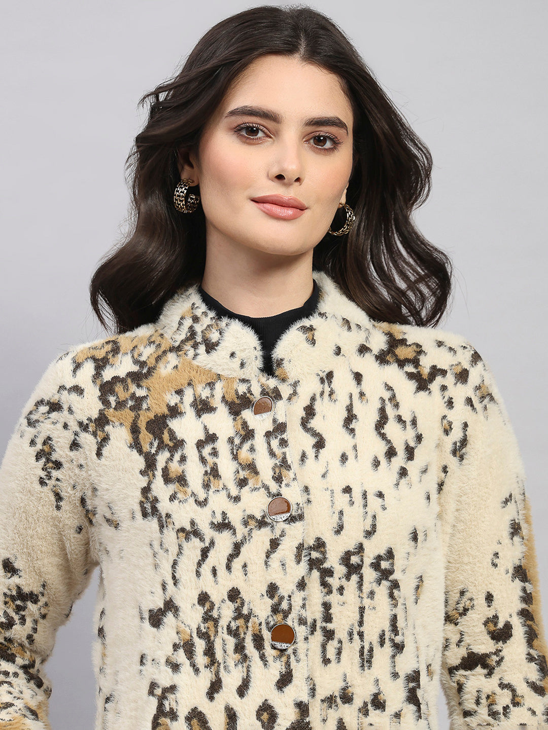 Women Multicolor Self Design Round Neck Full Sleeve Knitted Coat