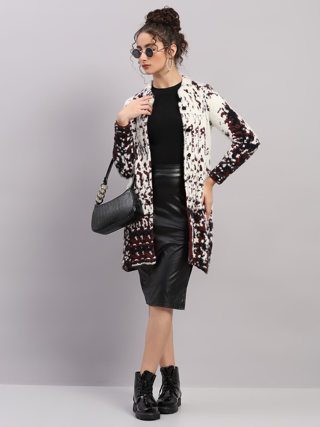 Women Multicolor Self Design Round Neck Full Sleeve Knitted Coat
