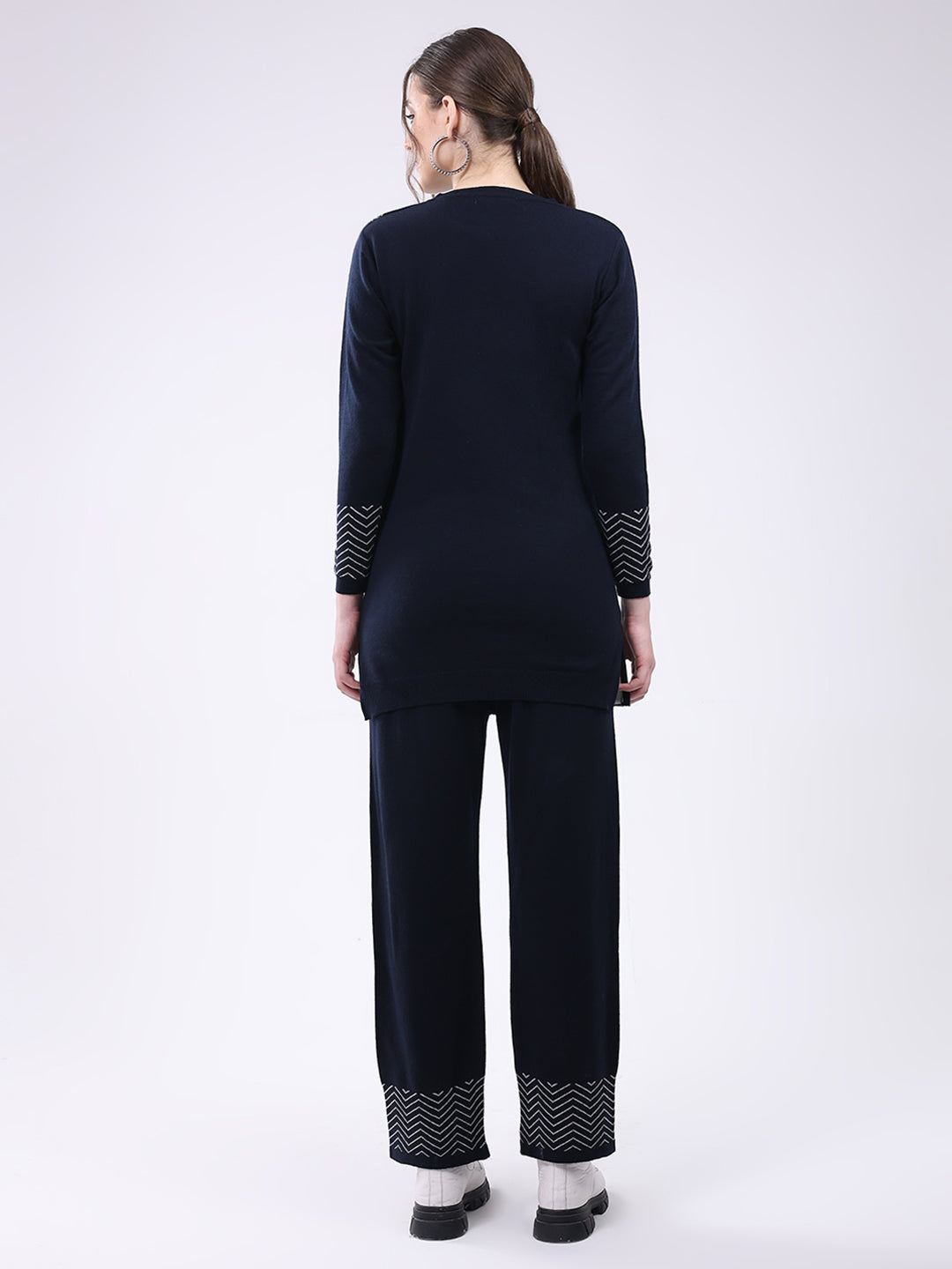 Women Navy Blue Self Design Round Neck Full Sleeve Cords Set