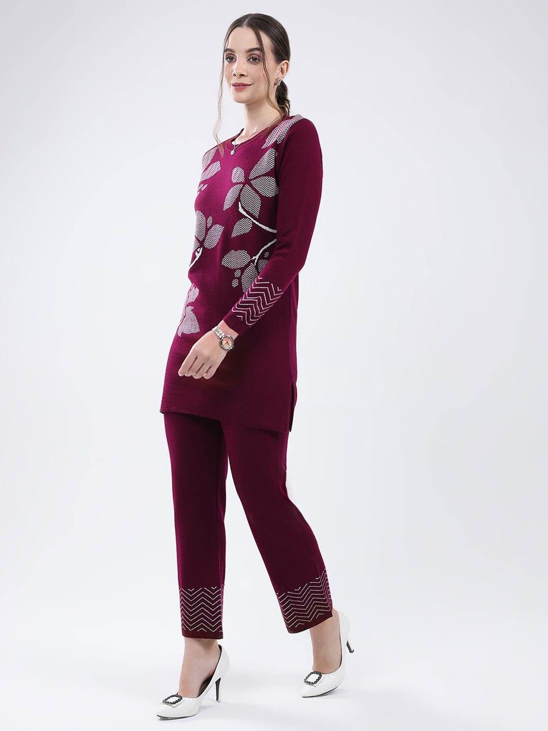 Women Burgundy Self Design Round Neck Full Sleeve Cords Set