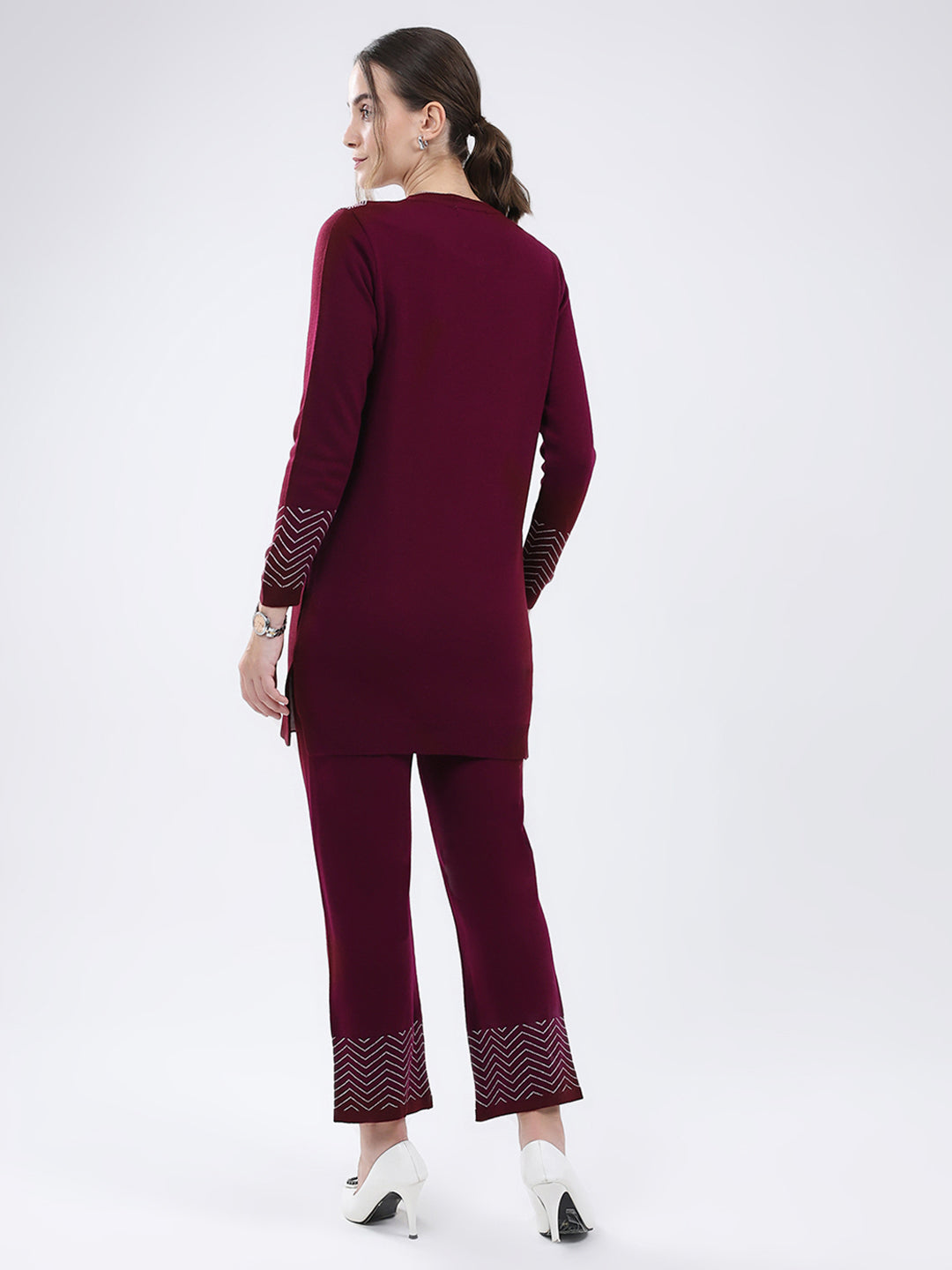Women Burgundy Self Design Round Neck Full Sleeve Cords Set