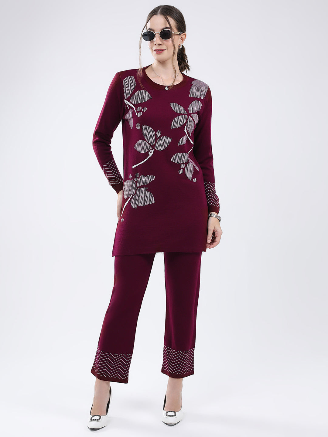 Women Burgundy Self Design Round Neck Full Sleeve Cords Set
