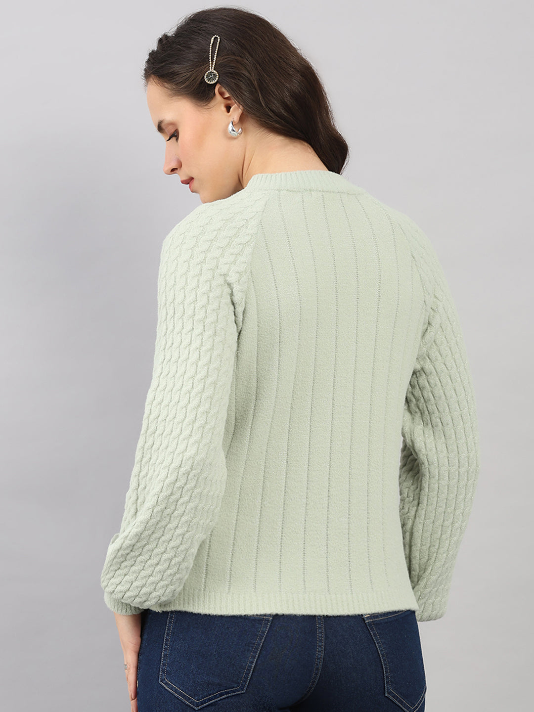 Women Green Solid Round Neck Full Sleeve Winter Top