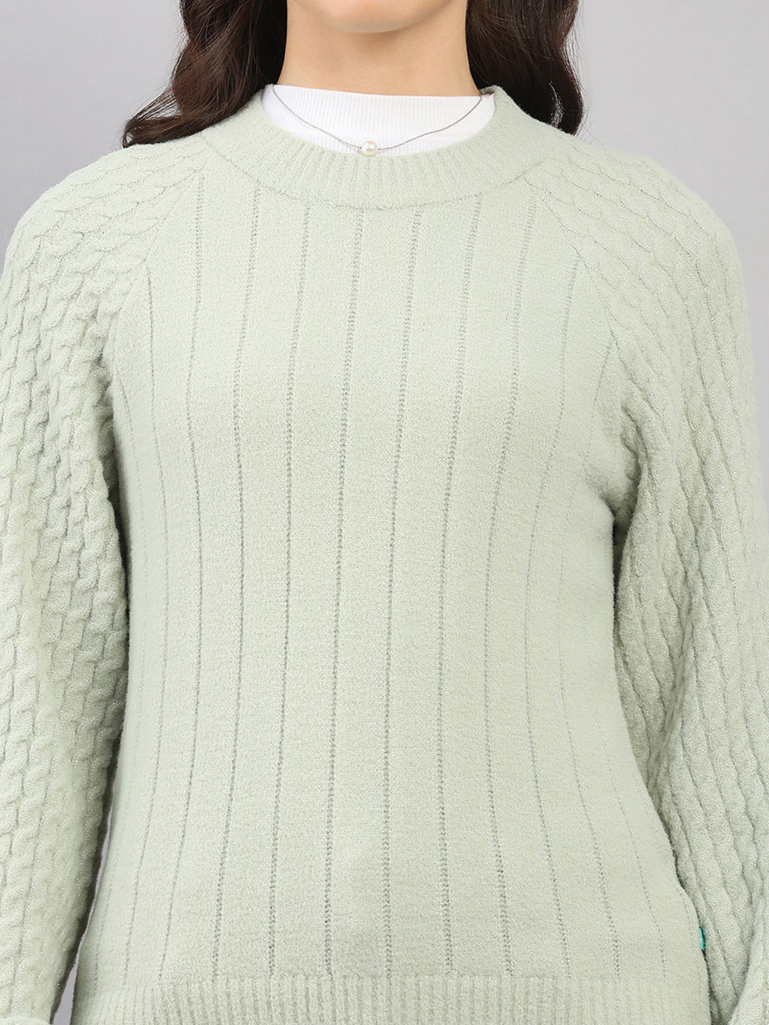 Women Green Solid Round Neck Full Sleeve Winter Top