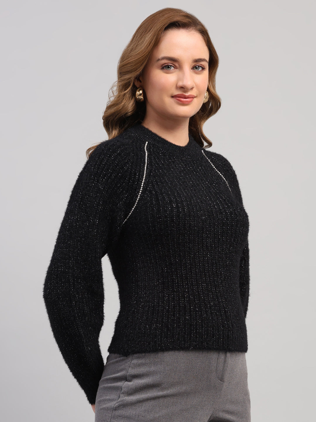 Women Black Solid Round Neck Full Sleeve Winter Top
