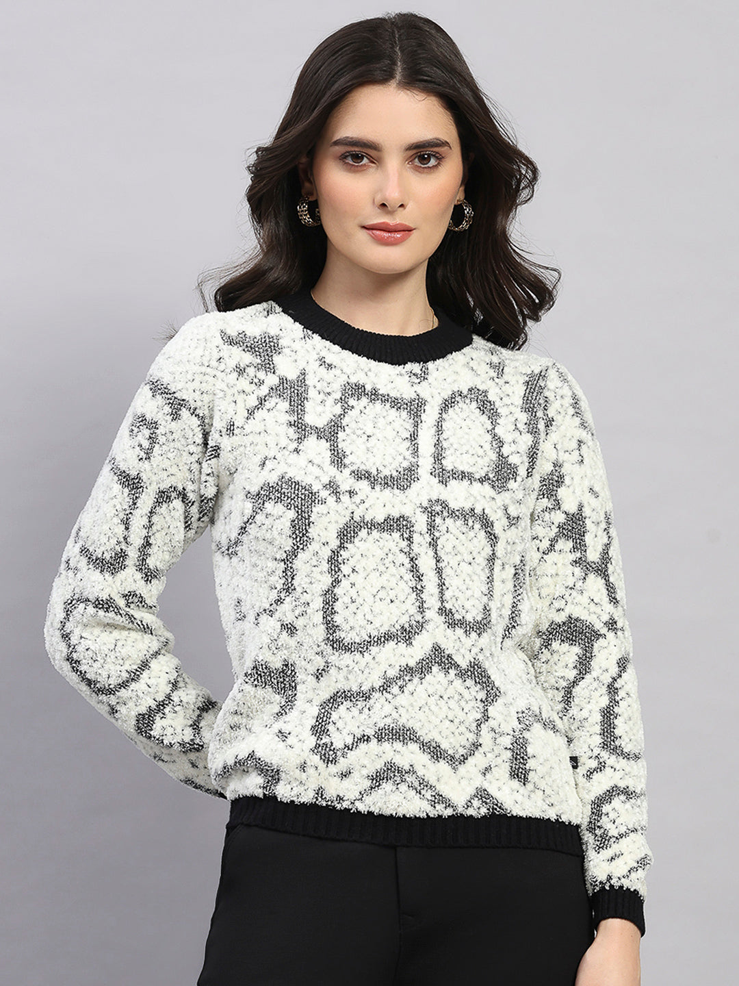 Women White Self Design Round Neck Full Sleeve Winter Top