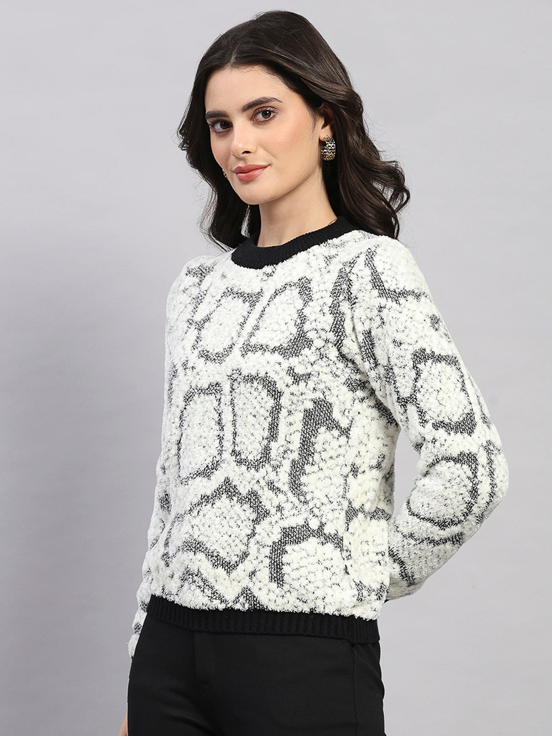 Women White Self Design Round Neck Full Sleeve Winter Top