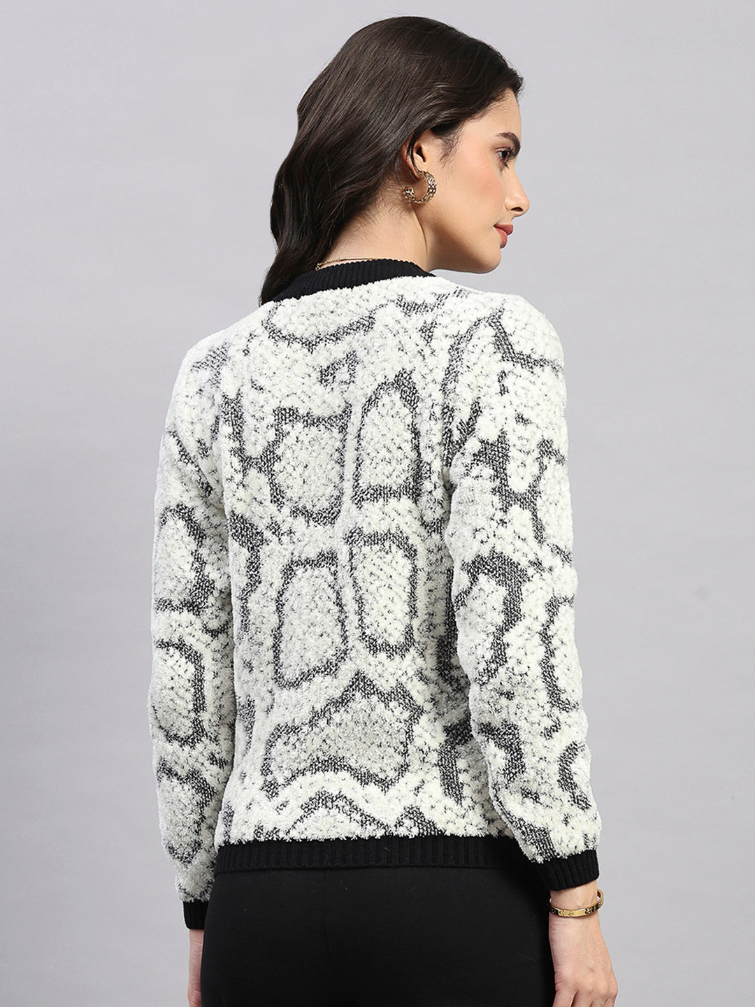 Women White Self Design Round Neck Full Sleeve Winter Top