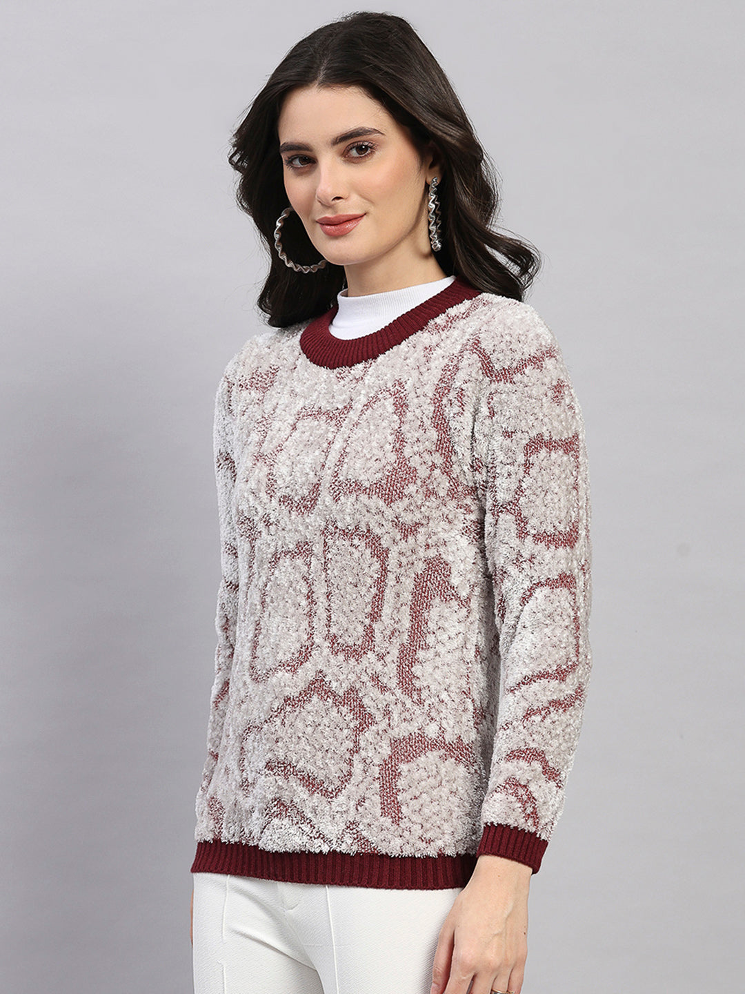 Women Maroon Self Design Round Neck Full Sleeve Winter Top