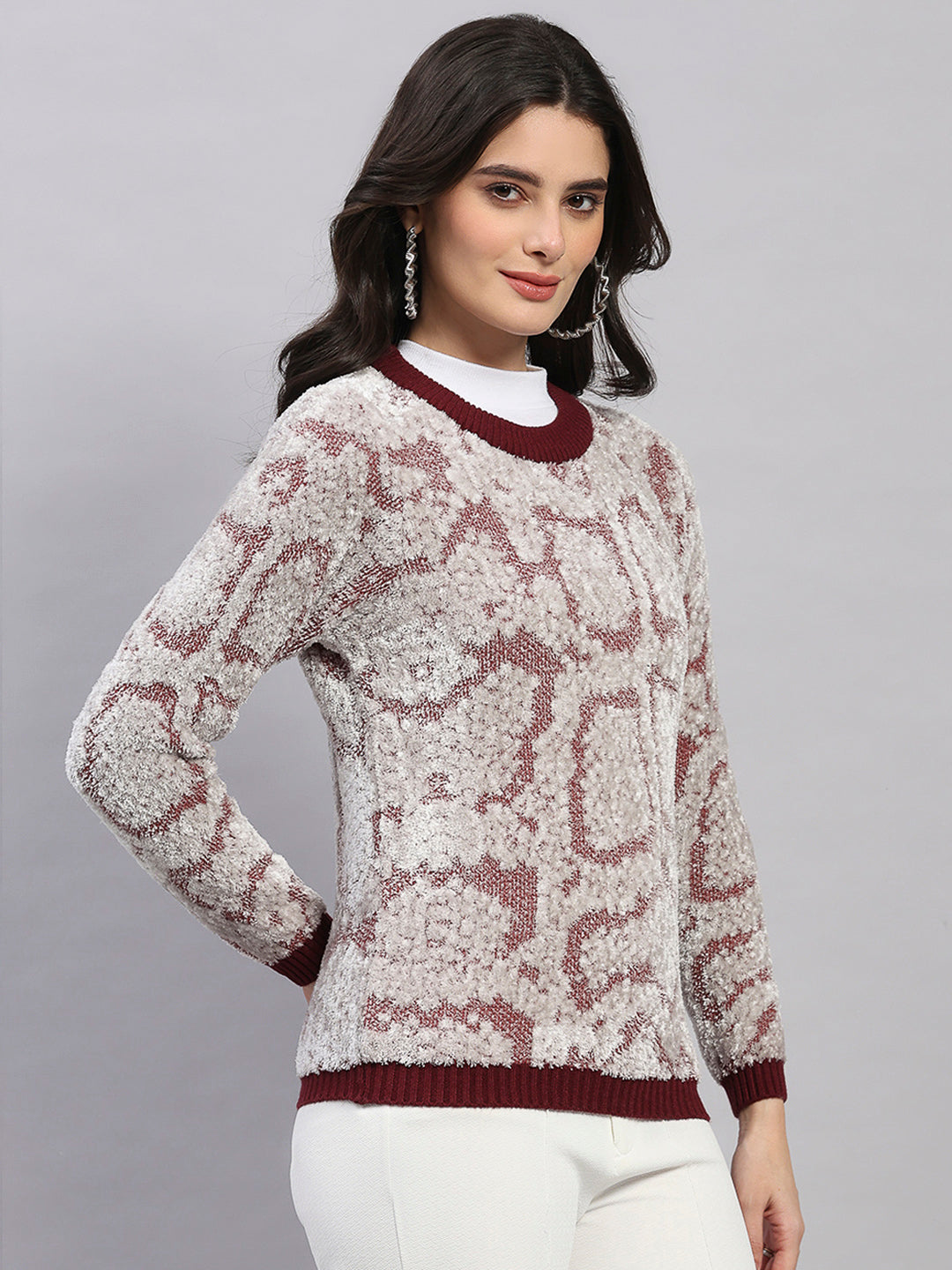 Women Maroon Self Design Round Neck Full Sleeve Winter Top