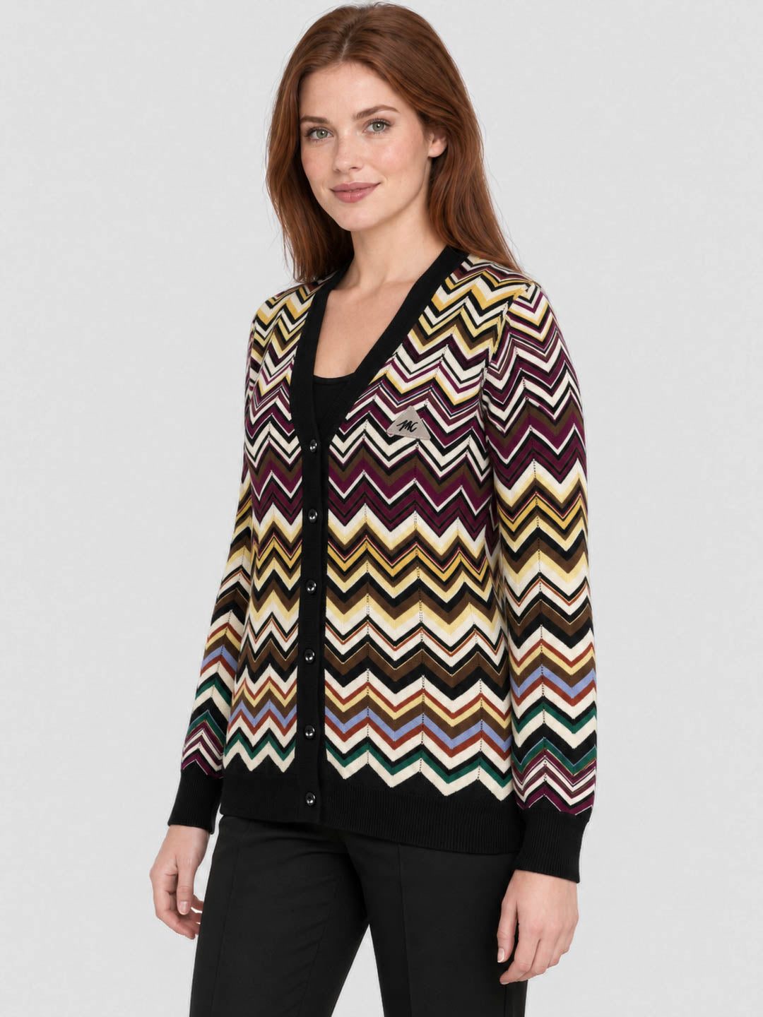 Women Black Jacquard V Neck Full Sleeve Cardigan